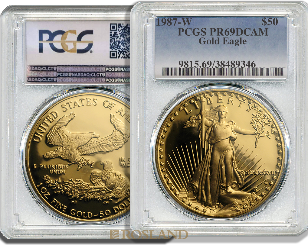 1 Unze Goldmünze American Eagle 1987 PP PCGS PR-69 DCAM (W, MCMLXXXVII, Shield)