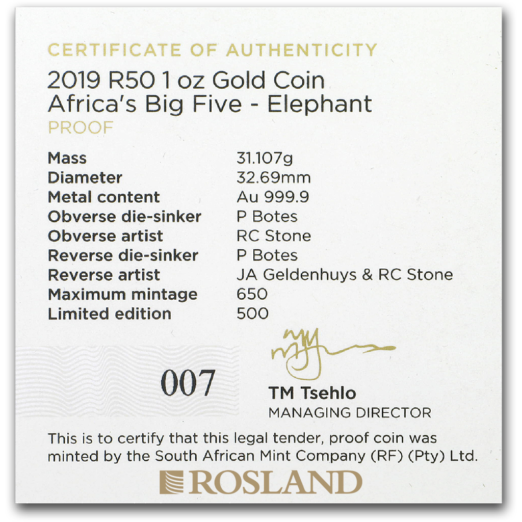 1 Unze Goldmünze Big Five Elefant 2019 PP (Box, Zertifikat)