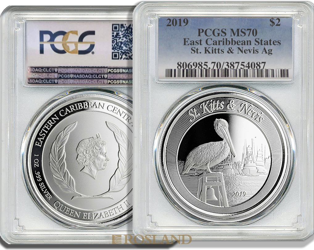 1 Unze Silbermünze EC8 St. Kitts & Nevis Pelikan 2019 PCGS MS-70