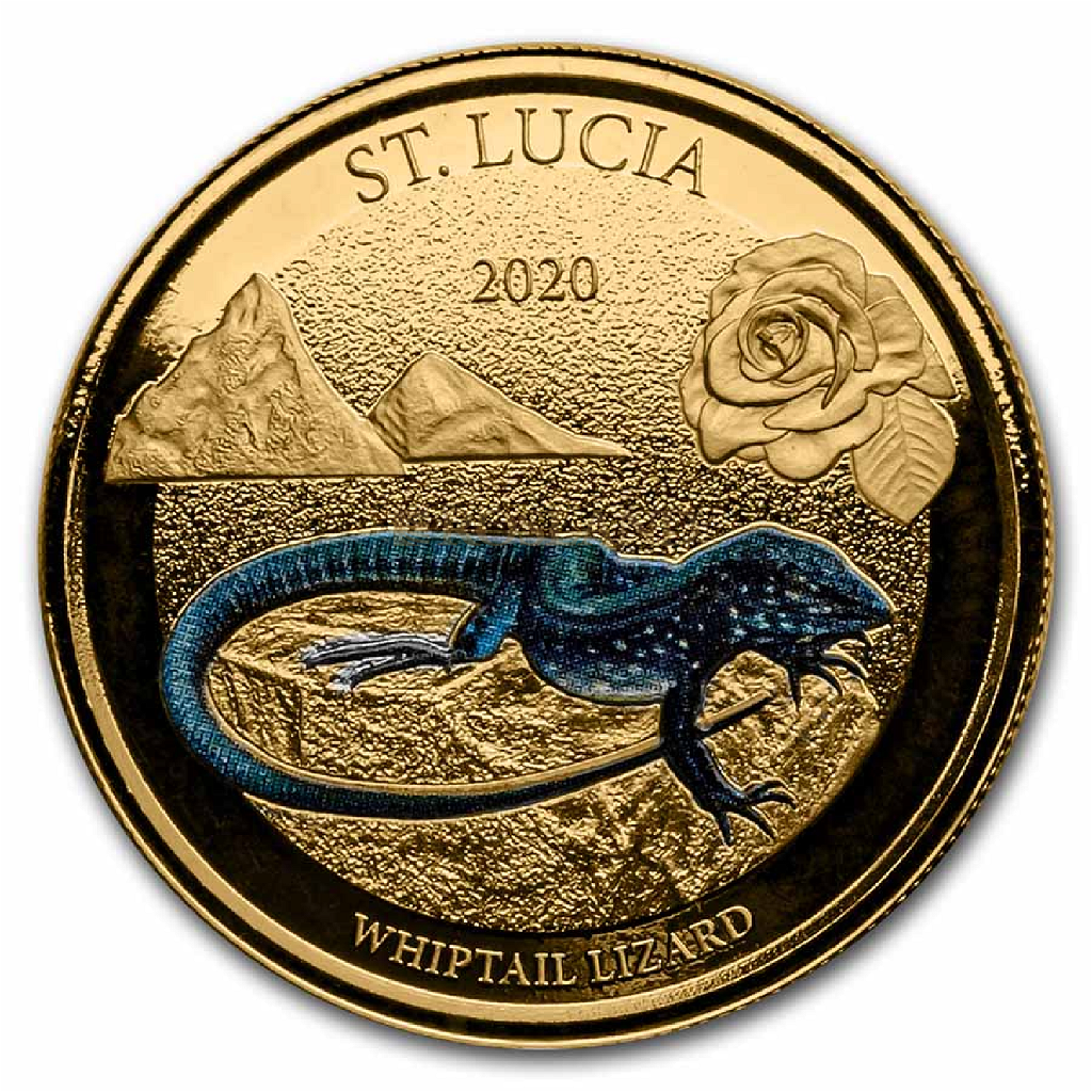 1 Unze Goldmünze EC8 St. Lucia Whiptail Lizard 2020 PP (Koloriert, Box, Zertifikat)