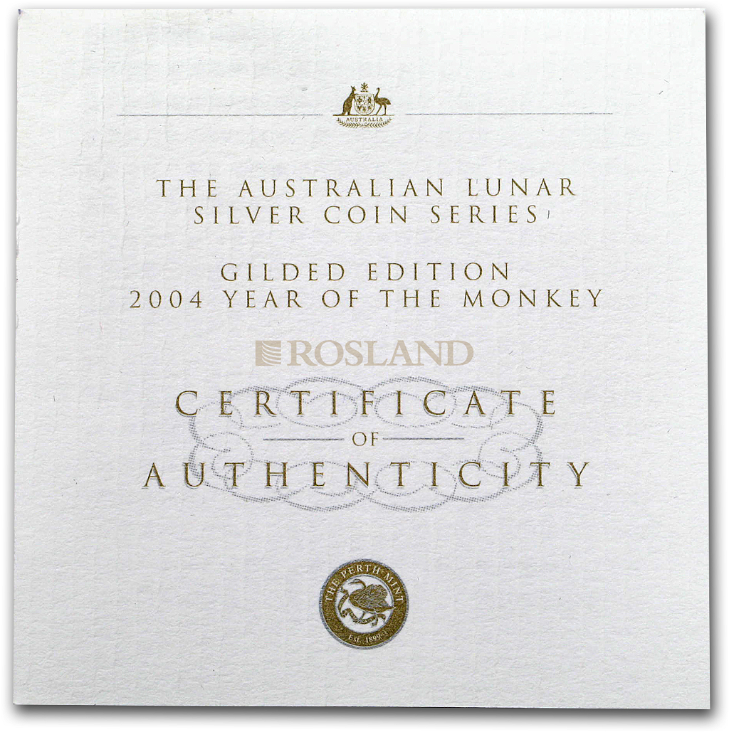 1 Unze Silbermünze Lunar 1 Affe 2004 (Vergoldet, Zertifikat)