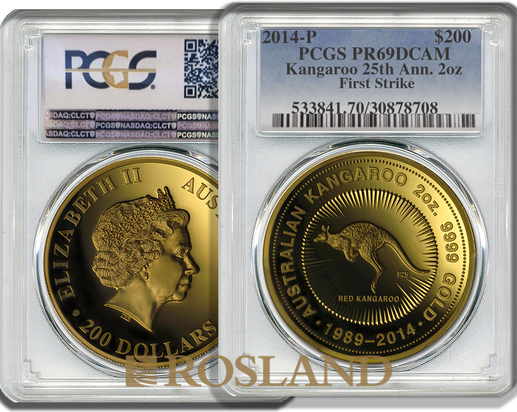2 Unzen Goldmünze Australien Känguru 25 Jahre Jubiläum 2014 PP PCGS PR-70 (FS, DCAM)