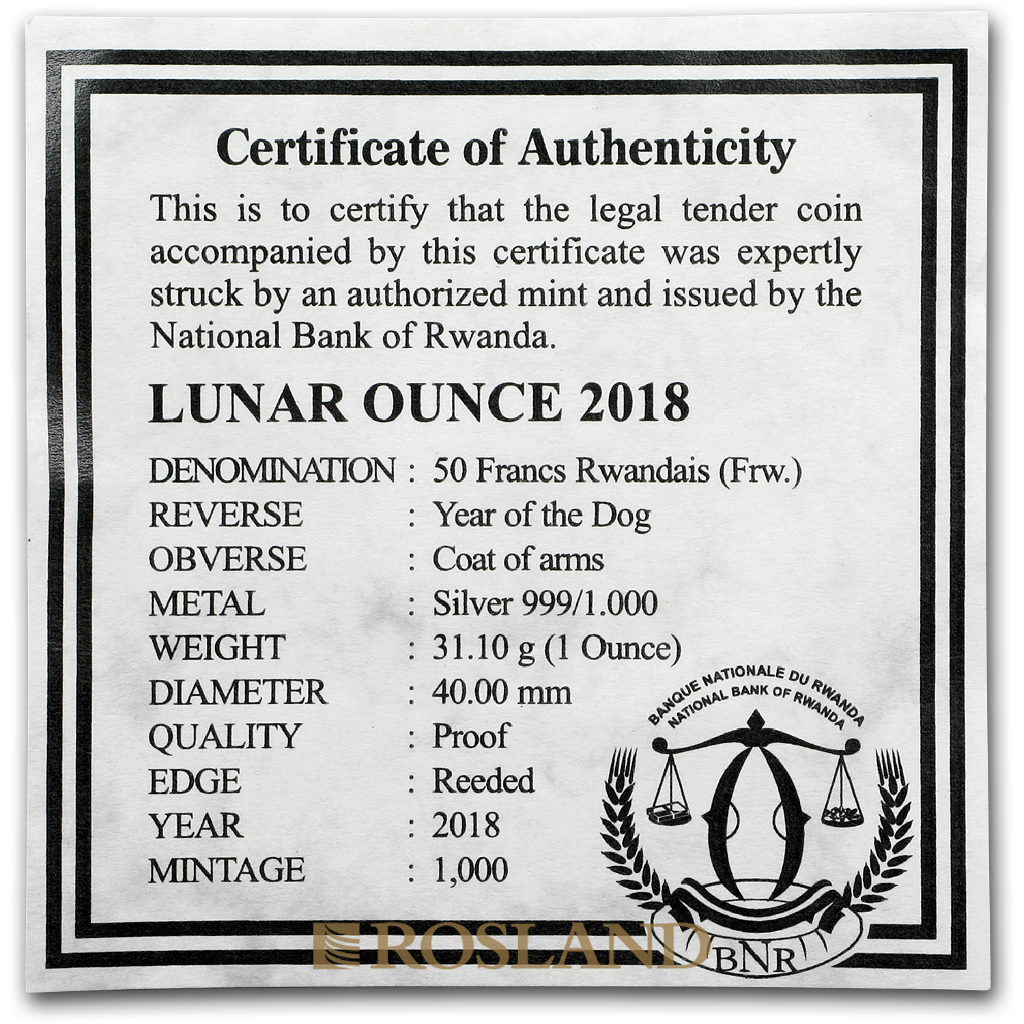 1 Unze Silbermünze Ruanda Lunar Hund 2018 PP