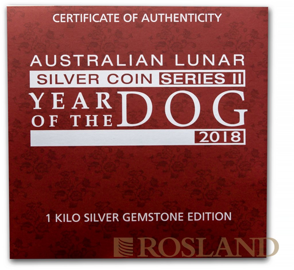 1 Kilogramm Silbermünze Lunar 2 Hund 2018 (Box, Zertifikat, Koloriert, Edelstein)