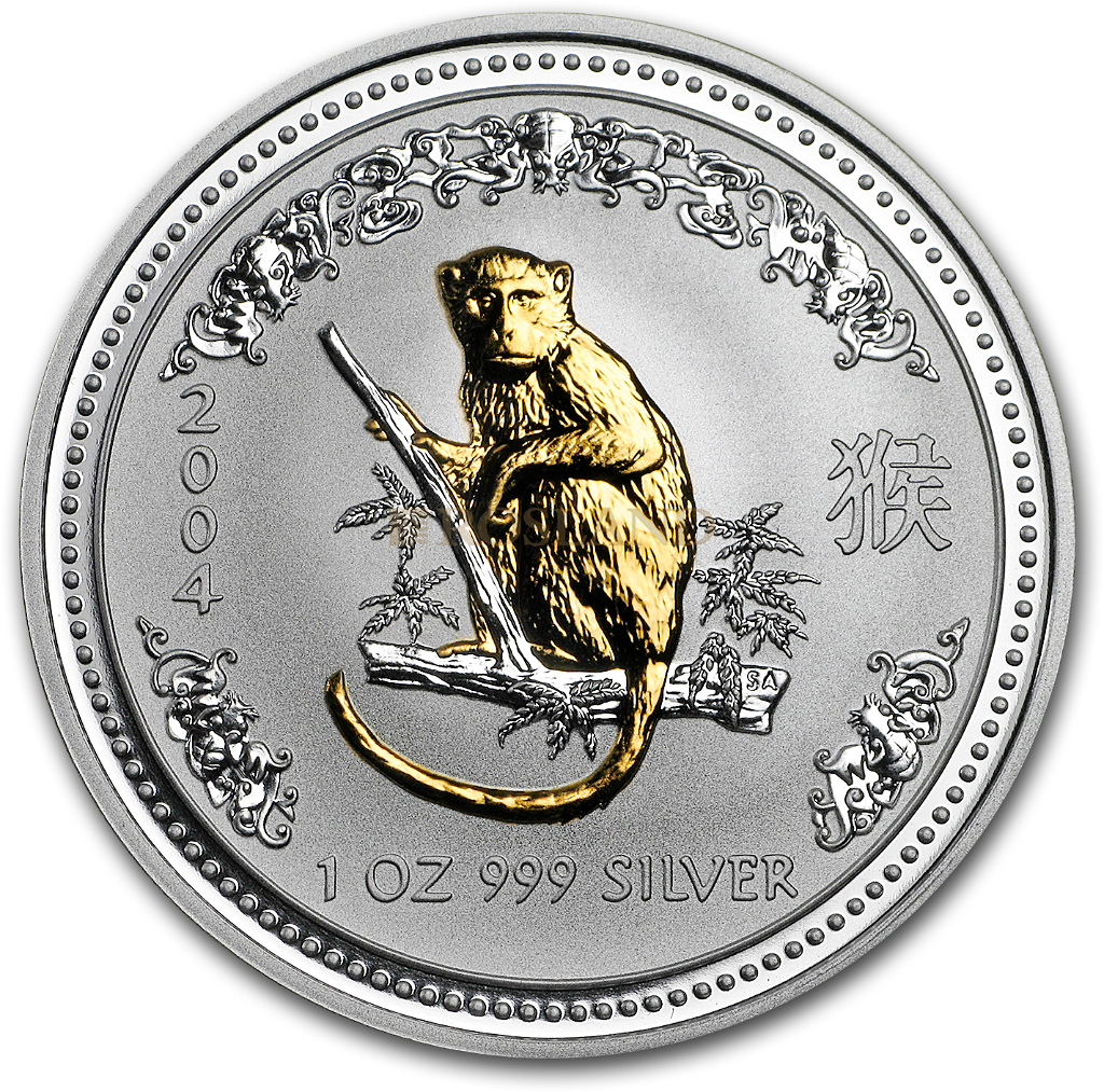 1 Unze Silbermünze Lunar 1 Affe 2004 (Vergoldet, Zertifikat)