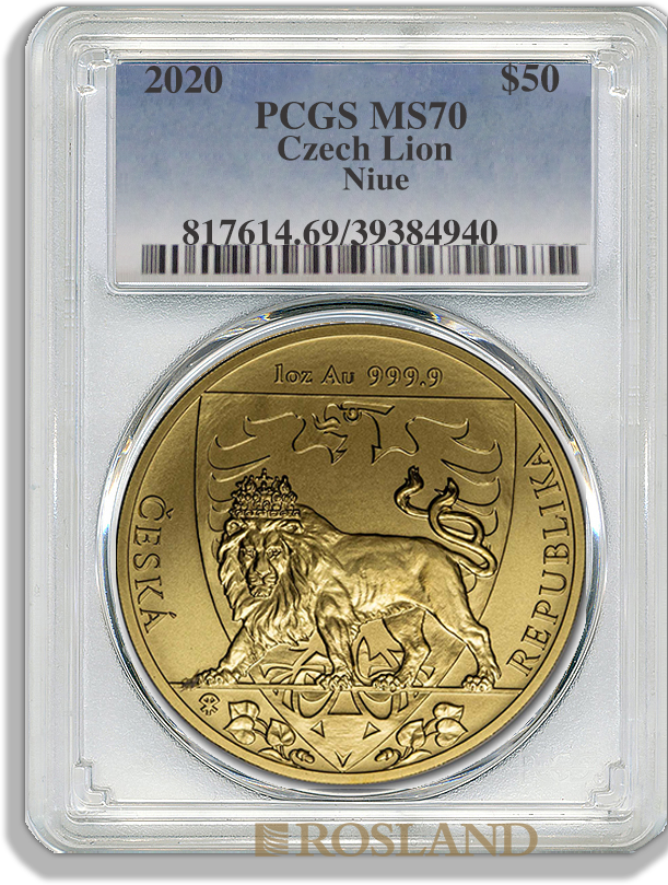 1 Unze Goldmünze Tschechischer Löwe 2020 PCGS MS-70 (Unikat)