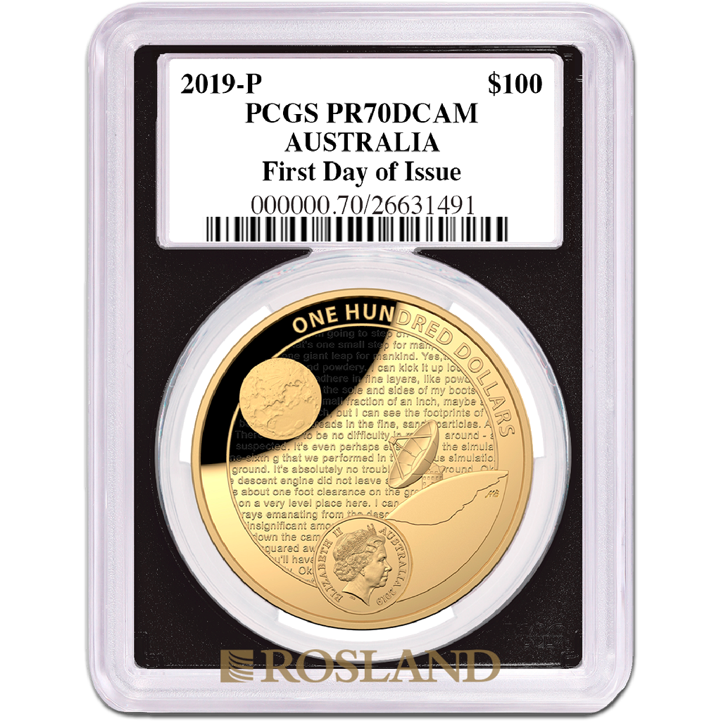 1 Unze Goldmünze RAM Apollo 11 Mondlandung 2019 PP PCGS PR-70 (DCAM, FD)