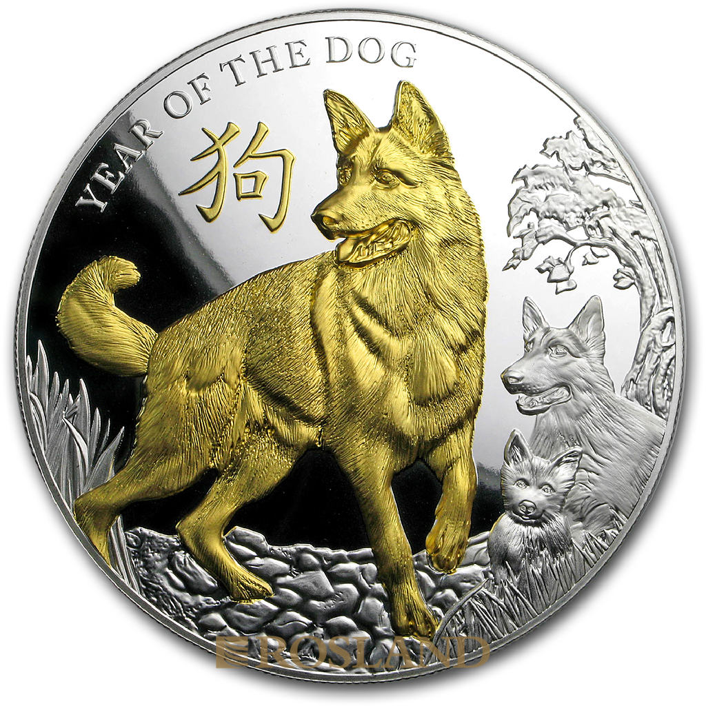 5 Unzen Silbermünze Jahr des Hundes 2018 PP (Vergoldet, Box, Zertifikat)