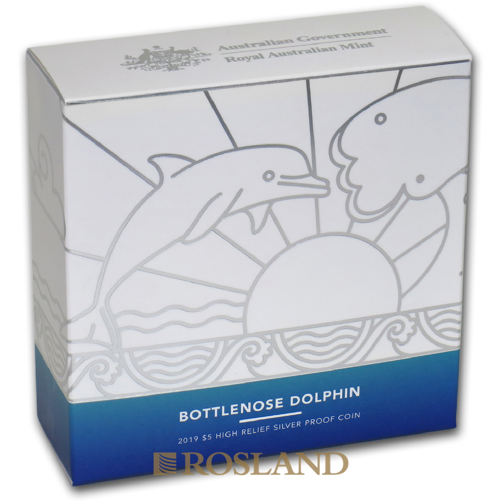 1 Unze Silbermünze Bottlenose Dolphin 2019 PP (HR, Box, Zertifikat)