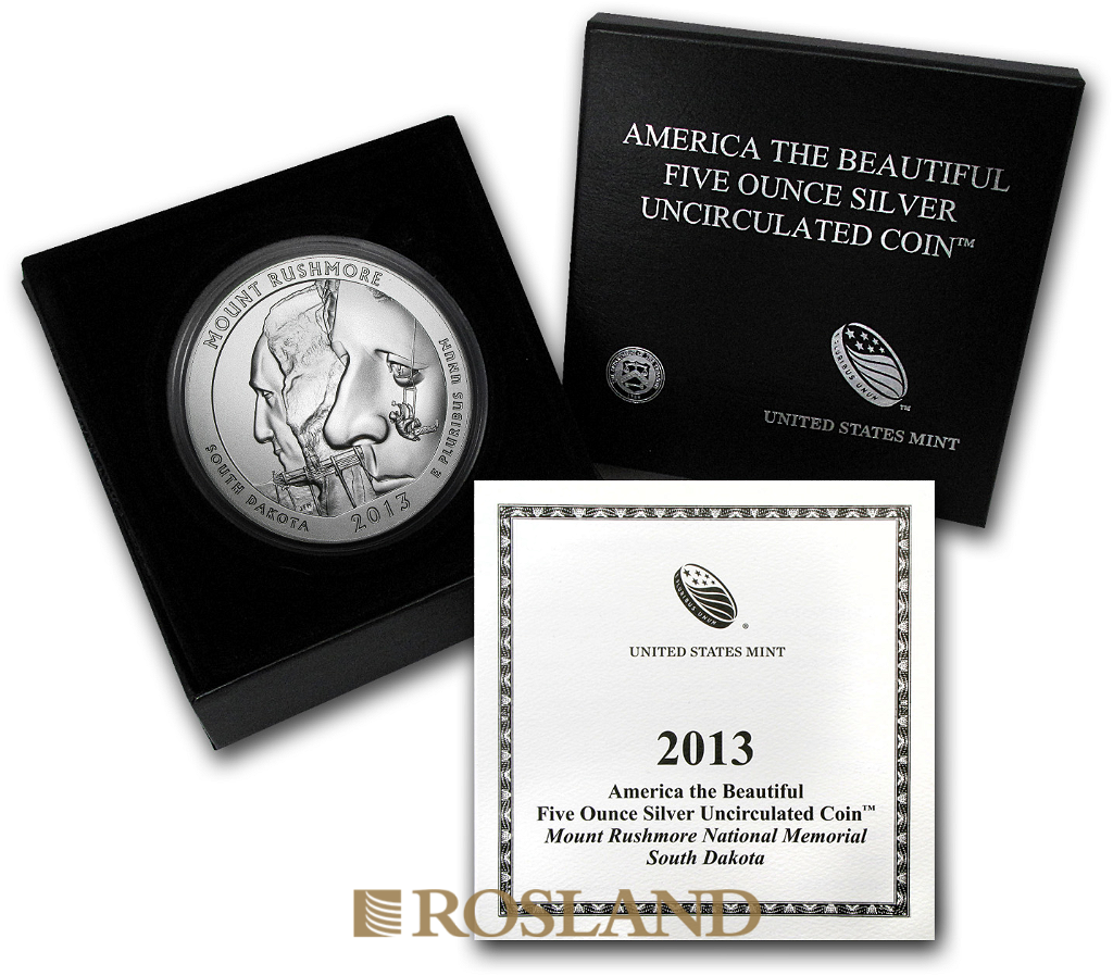 5 Unzen Silbermünze ATB Mount Rushmore National Memorial 2013 P (Box, Zertifikat)