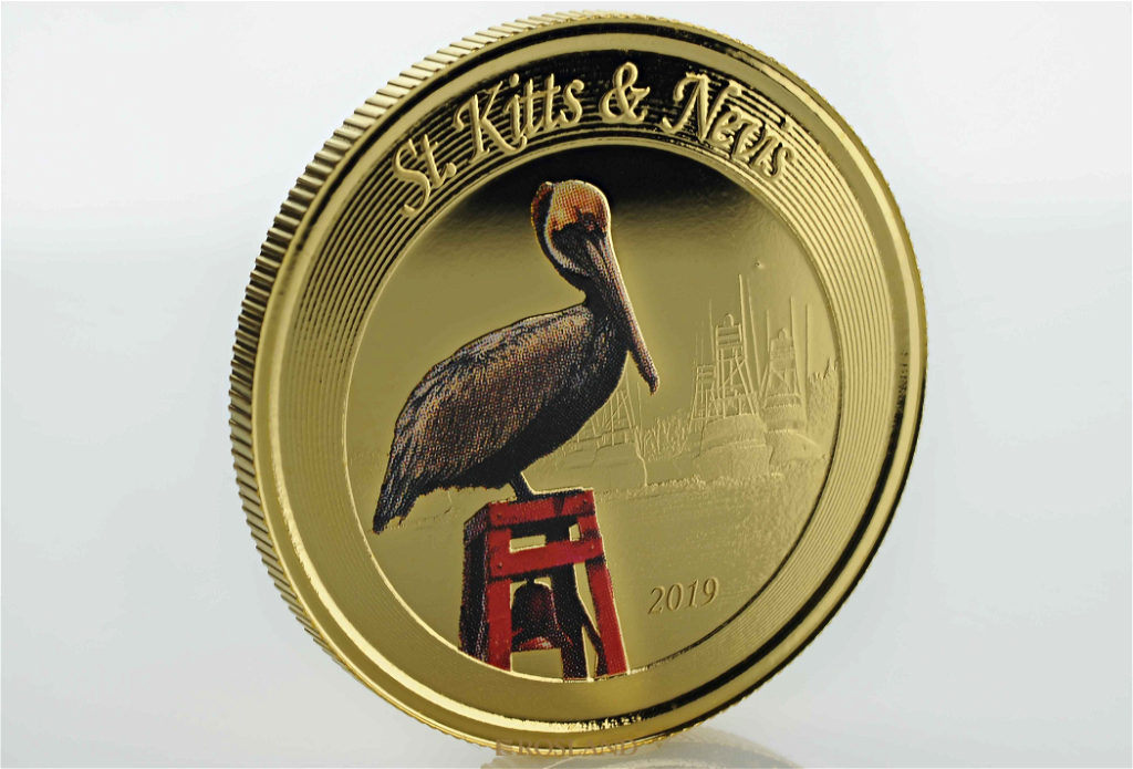 1 Unze Goldmünze EC8 St. Kitts & Nevis Pelikan 2019 PP (Koloriert, Box, Zertifikat)