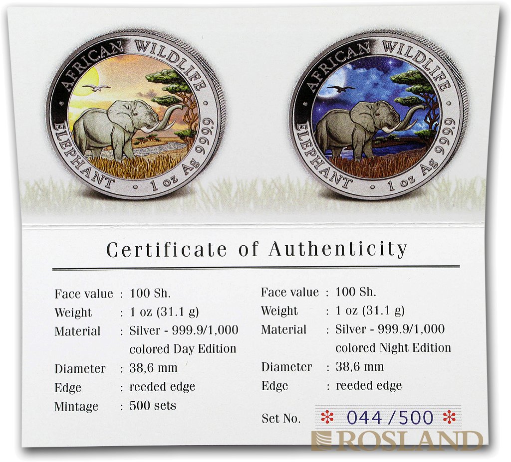 2 Silbermünzen Set Somalia Elefant Tag und Nacht 2019 (Box, Zertifikat, Koloriert)