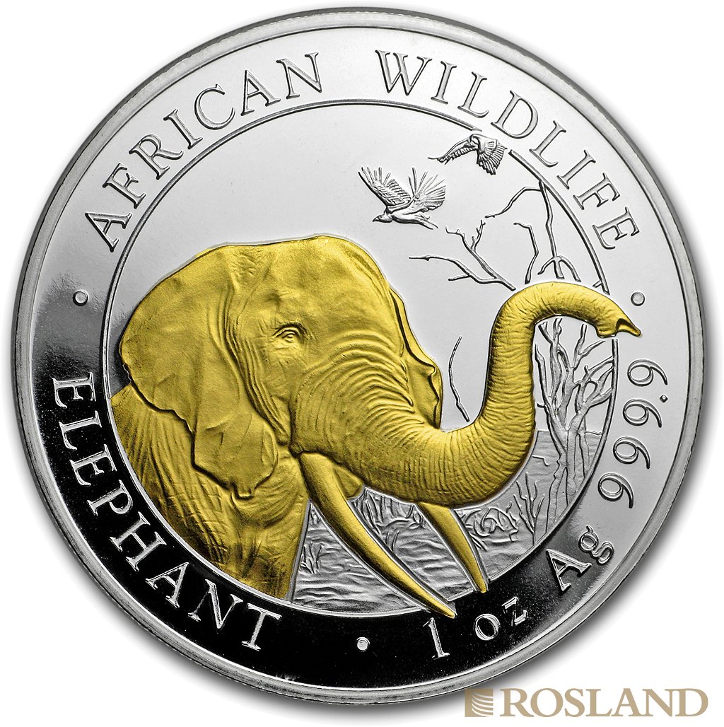 1 Unze Silbermünze Somalia Elefant 2018 (vergoldet)