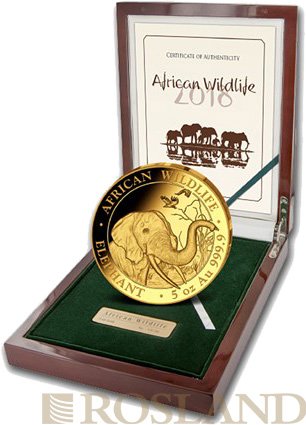 5 Unzen Goldmünze Somalia Elefant 2018 PP (Box, Zertifikat)