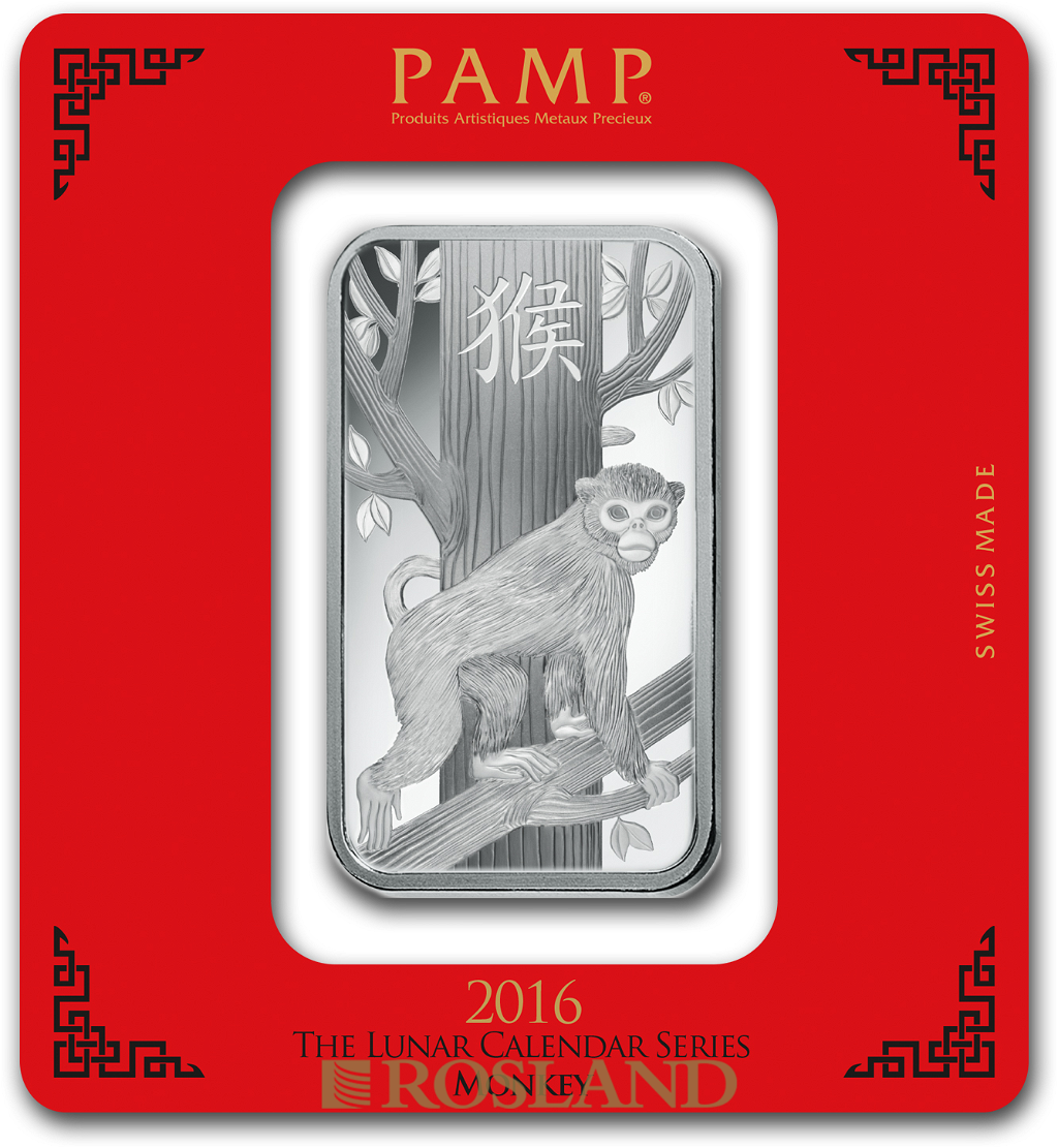 100 Gramm Silberbarren PAMP Lunar Jahr des Affen 2016