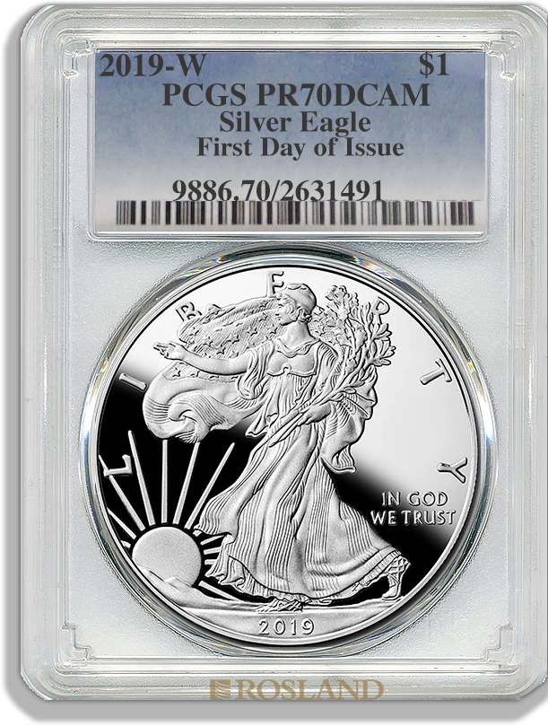 1 Unze Silbermünze American Eagle 2019 (W) PP PCGS PR-70 (First Day, DCAM)