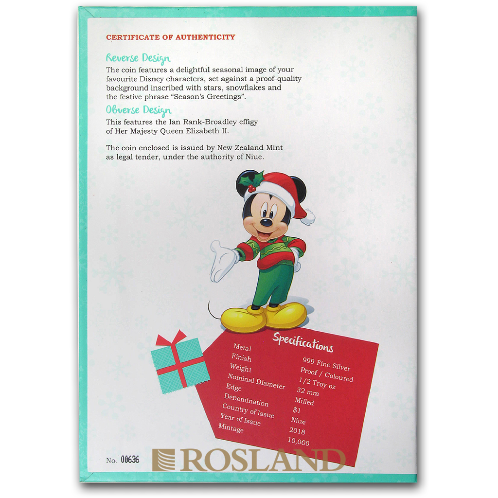 1/2 Unze Silbermünze Disney® Micky Maus Season's Greetings 2018 PP (Koloriert, Box, Zertifikat)