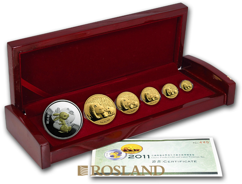 1,9 Unzen 5 Goldmünzen Set China Panda Hase 2011 (Box, Zertifikat)