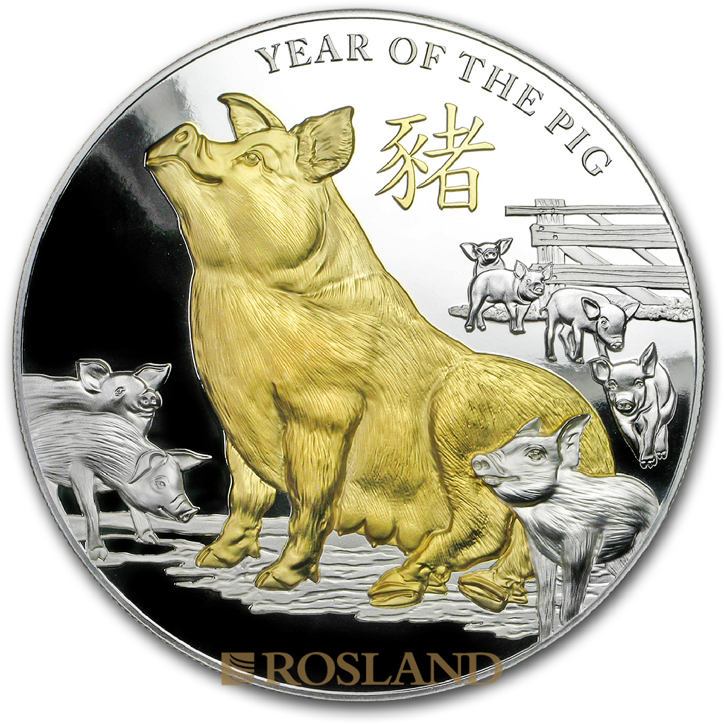 5 Unzen Silbermünze Jahr des Schweins 2019 PP (Vergoldet, Box, Zertifikat)