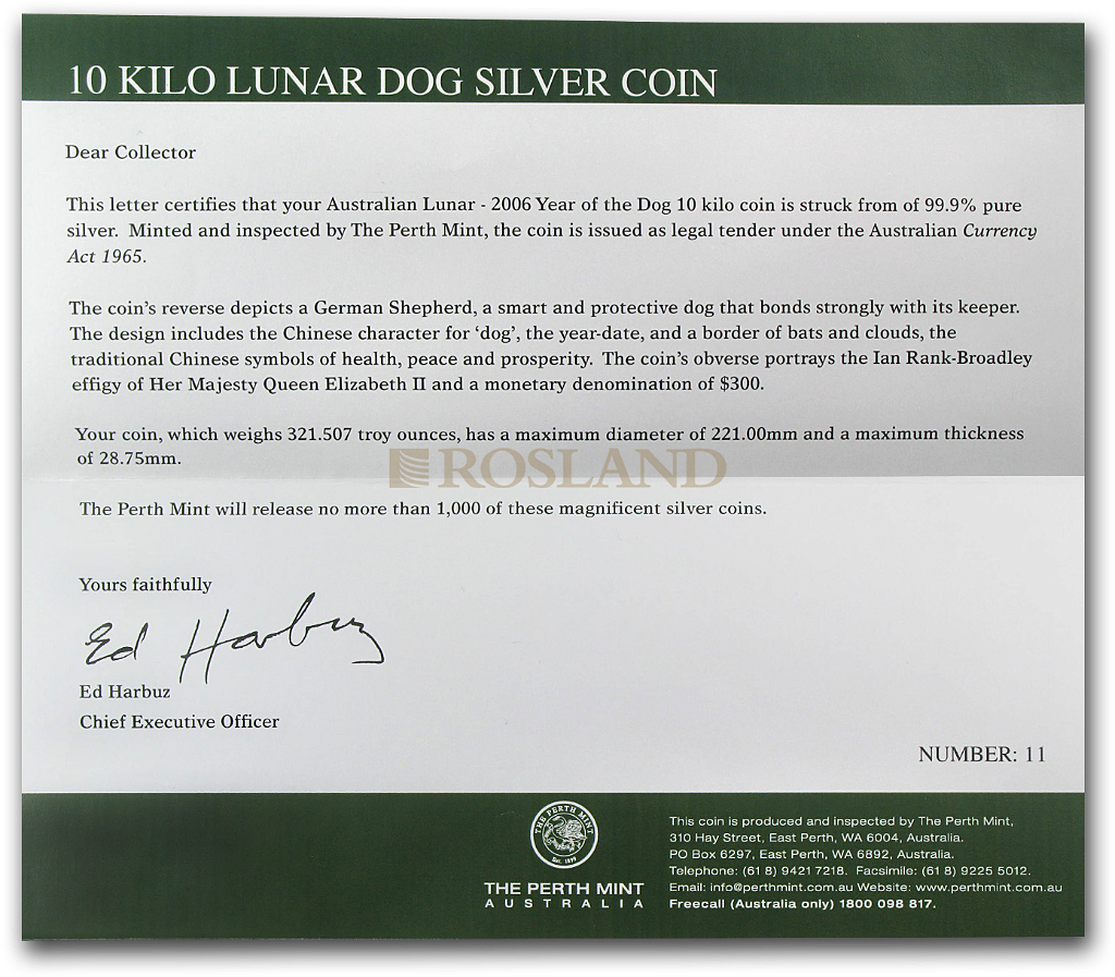 10 Kilogramm Silbermünze Lunar 1 Hund 2006 (Box, Zertifikat)