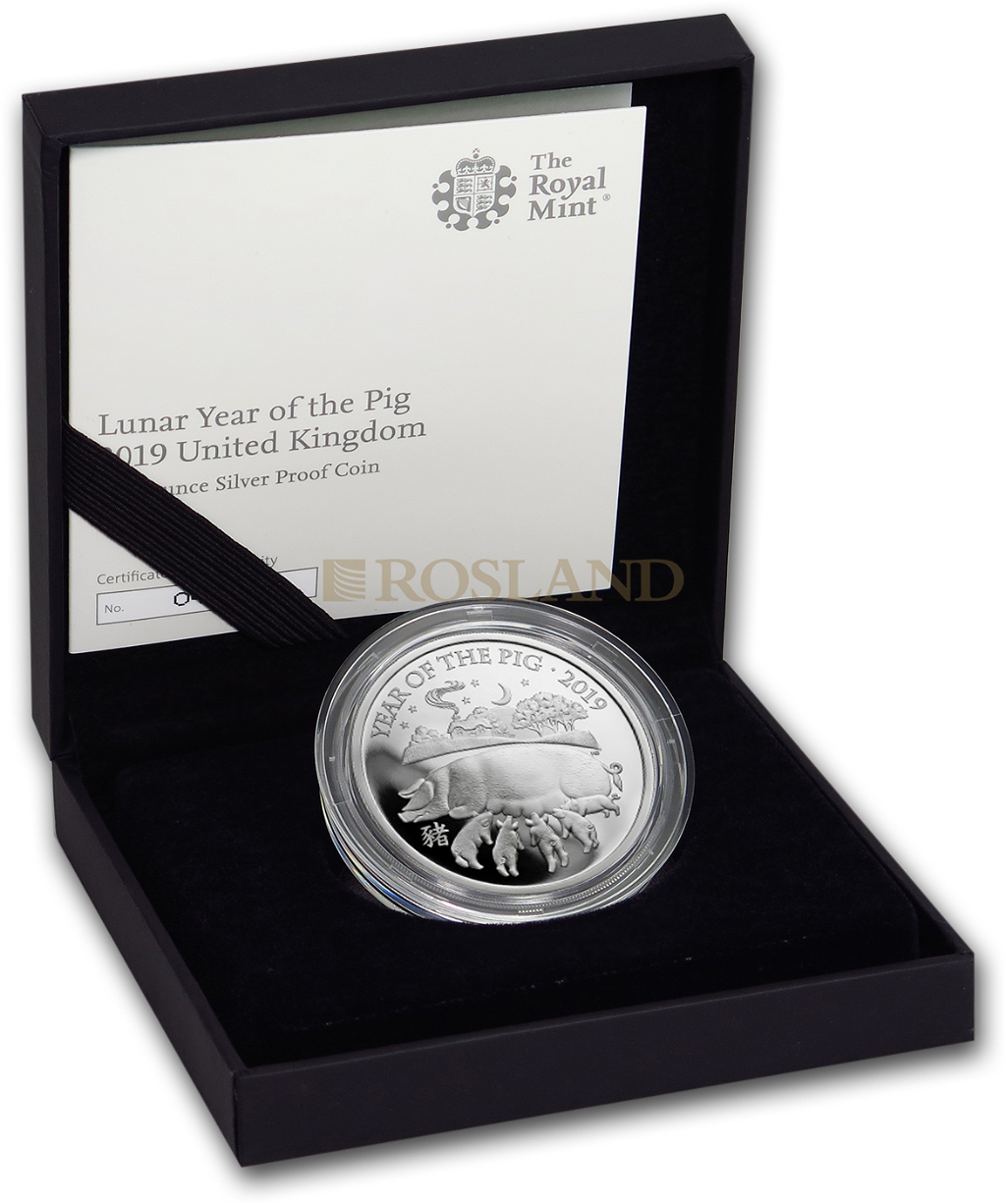 1 Unze Silbermünze Great Britain Jahr des Schweines 2019 PP (Box, Zertifikat)
