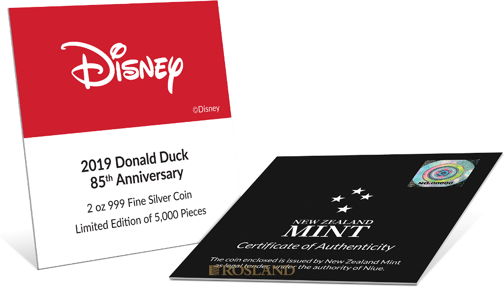 2 Unzen Silbermünze Disney® Donald Duck 85 Jahre Jubiläum 2019 PP (UHR, Box, Zertifikat)
