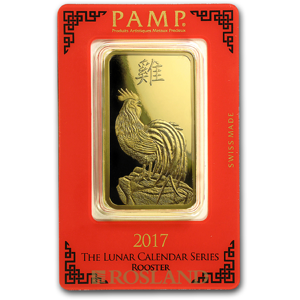 100 Gramm Goldbarren PAMP Lunar Jahr des Hahns 2017