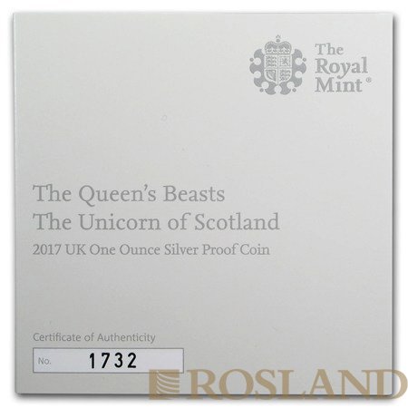 1 Unze Silbermünze Queens Beasts Unicorn 2017 PP (Box, Zertifikat)