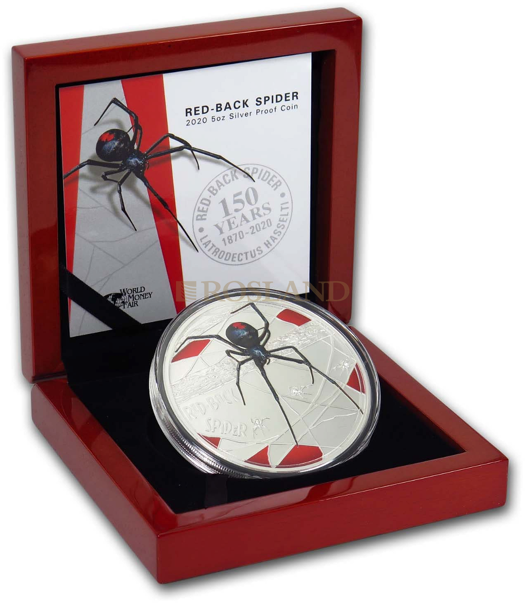 5 Unzen Silbermünze Niue Redback Spider 2020 PP (Koloriert, Box, Zertifikat)