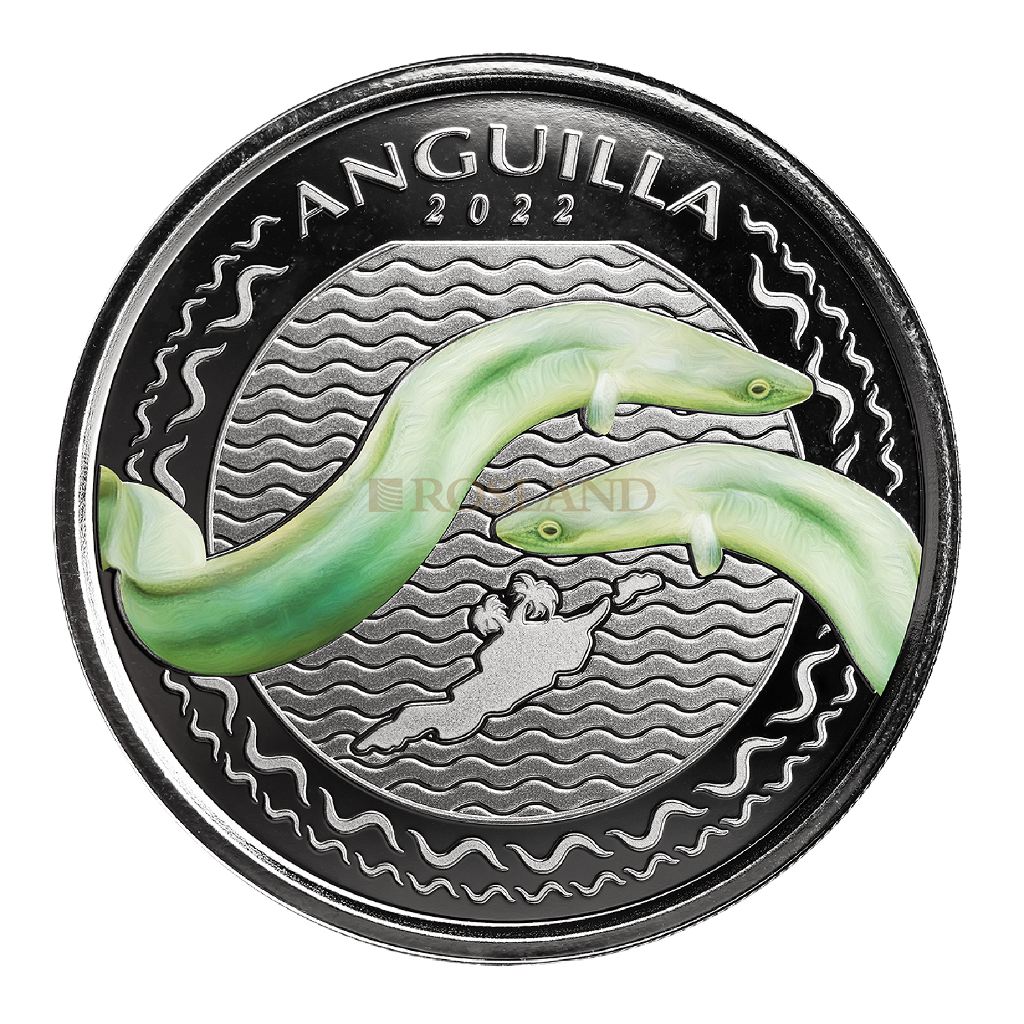 1 Unze Silbermünze EC8 Anguilla Aale 2022 PP (Koloriert, Box)
