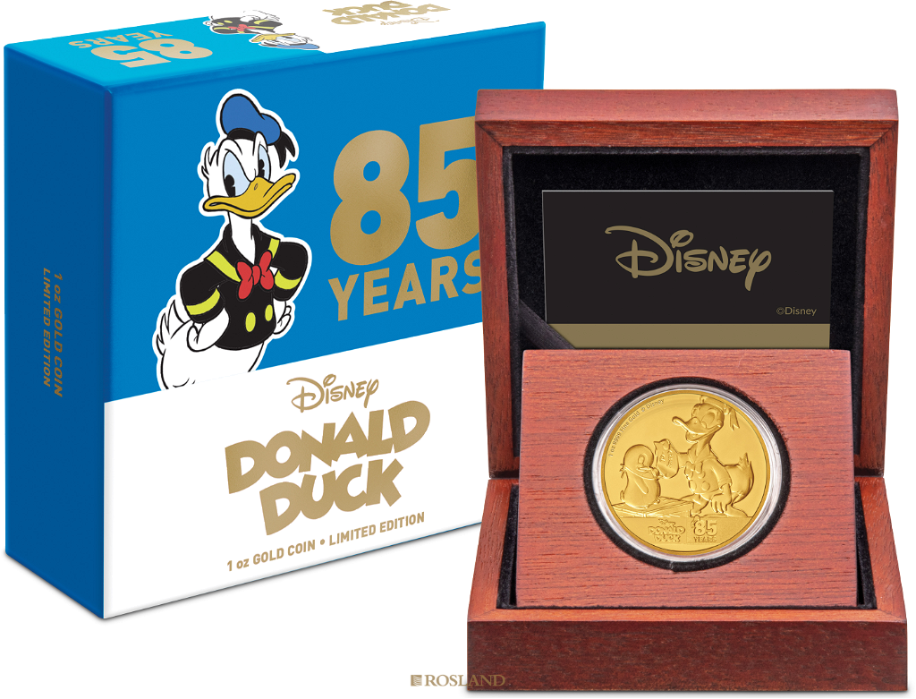 1 Unze Goldmünze Disney® Donald Duck 85 Jahre Jubiläum 2019 PP (Box, Zertifikat)