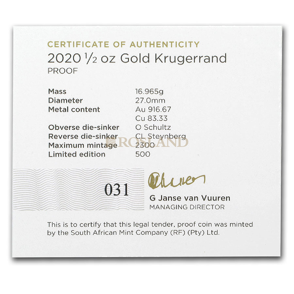 1/2 Unze Goldmünze Krügerrand 2020 PP (Box, Zertifikat)
