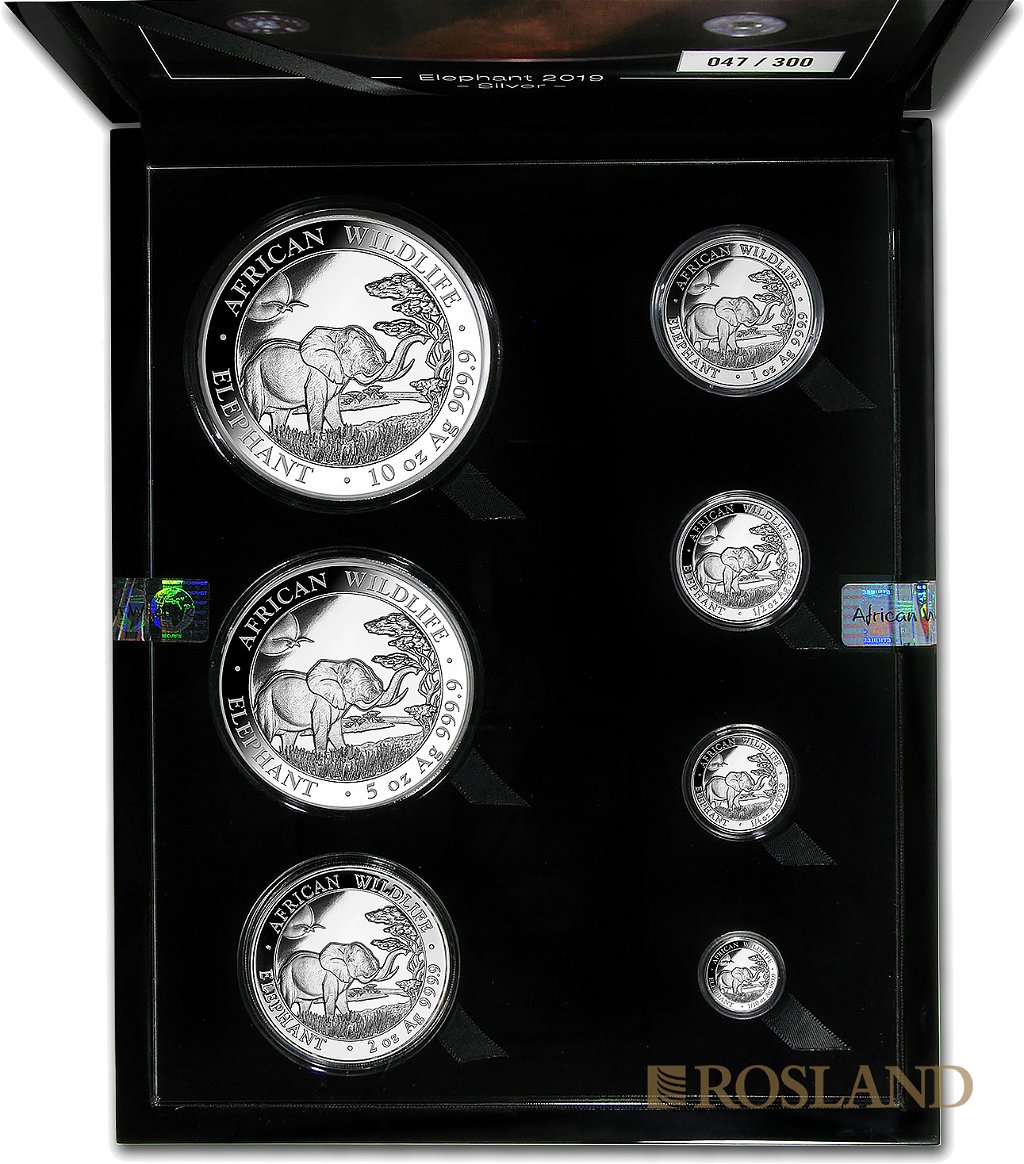 18,85 Unzen - 7 Silbermünzen First Struck Set Somalia Elefant 2019 PP (Box, Zertifikat)
