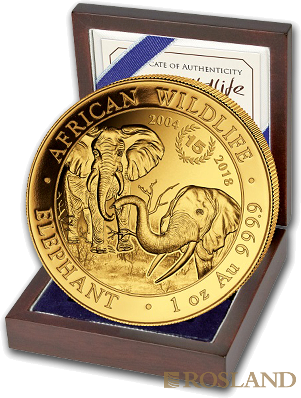 1 Unze Goldmünze Somalia Elefant 15 Jahre Jubiläum 2018 (Box, Zertifikat)