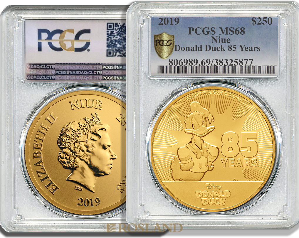 1 Unze Goldmünze Disney® Donald Duck 85 Jahre Jubiläum 2019 PCGS MS-69 (Shield)