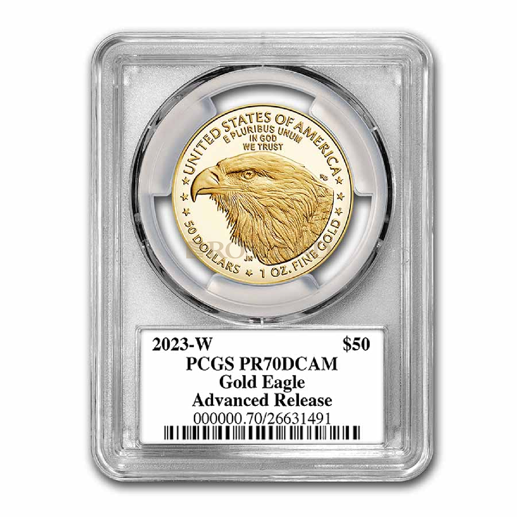 1 Unze Goldmünze American Eagle 2023 PP PCGS PR-70 Advanced Release (W, DCAM)