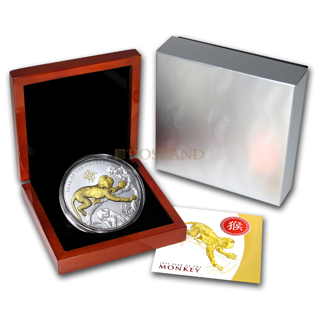 5 Unzen Silbermünze Niue Lunar Jahr des Affen 2016  PP (Vergoldet, Box, Zertifikat)