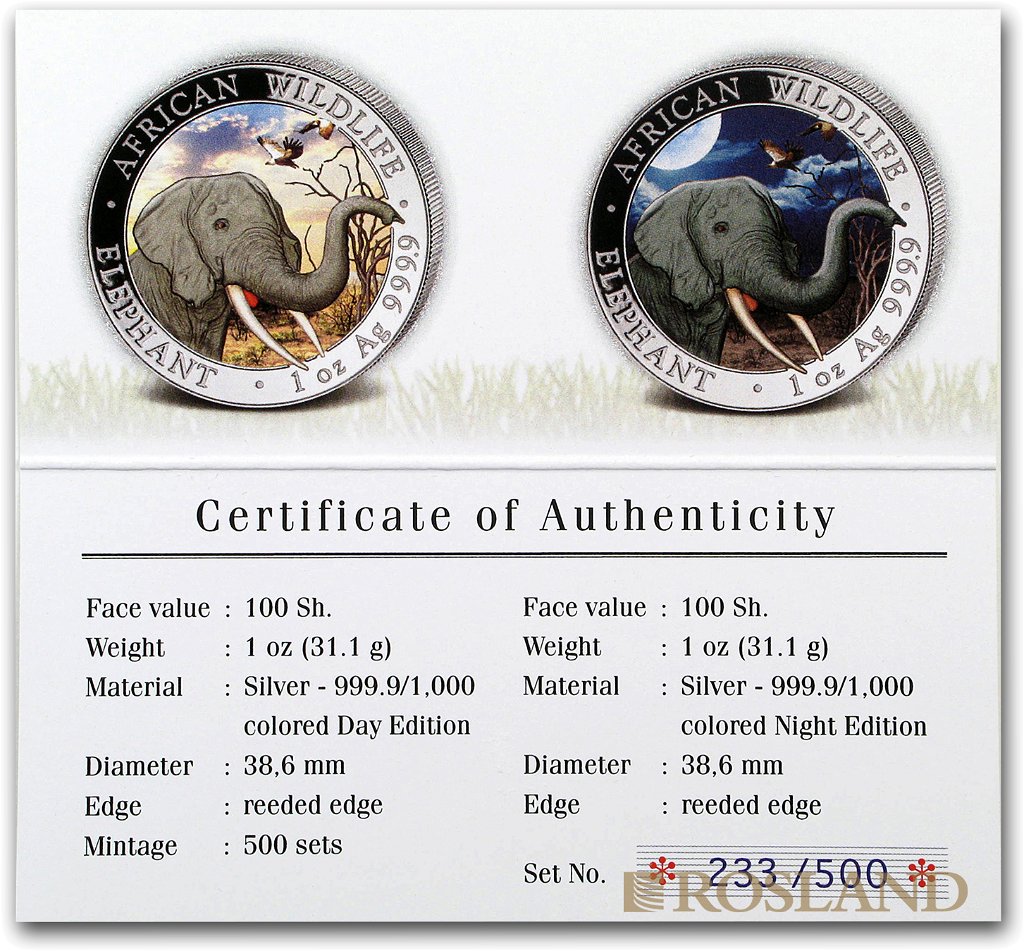2 Silbermünzen Set Somalia Elefant Tag und Nacht 2018 (Box, Zertifikat, Koloriert)