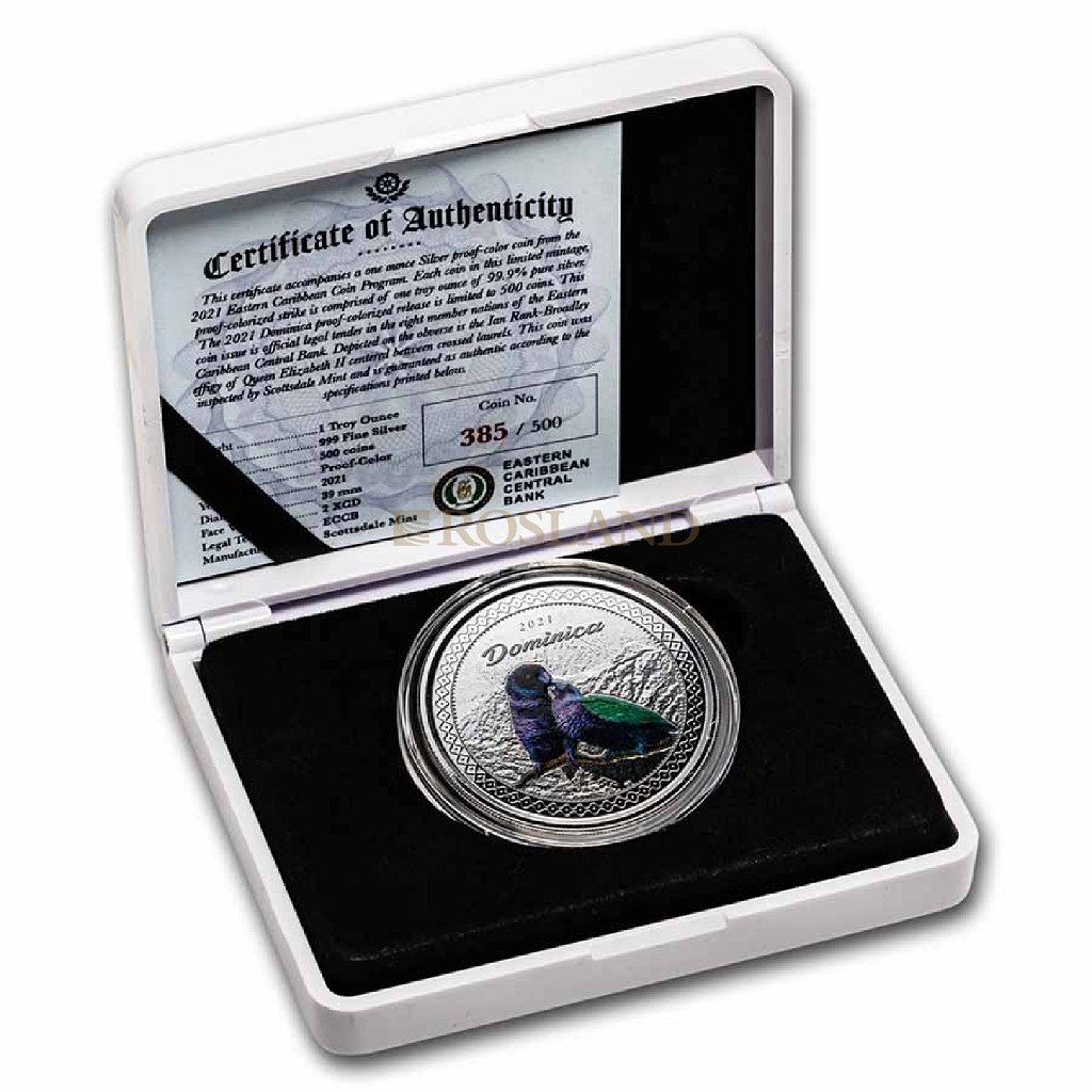 1 Unze Silbermünze EC8 Dominica Sisserou Parrot 2021 PP (Koloriert, Box)