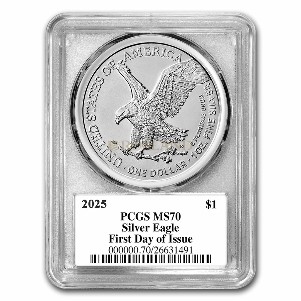 1 Unze Silbermünze American Eagle 2025 PCGS MS-70 (First Day, Damastra Label)