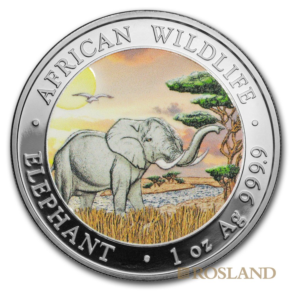 1 Unze Silbermünze Somalia Elefant 2019 (koloriert)