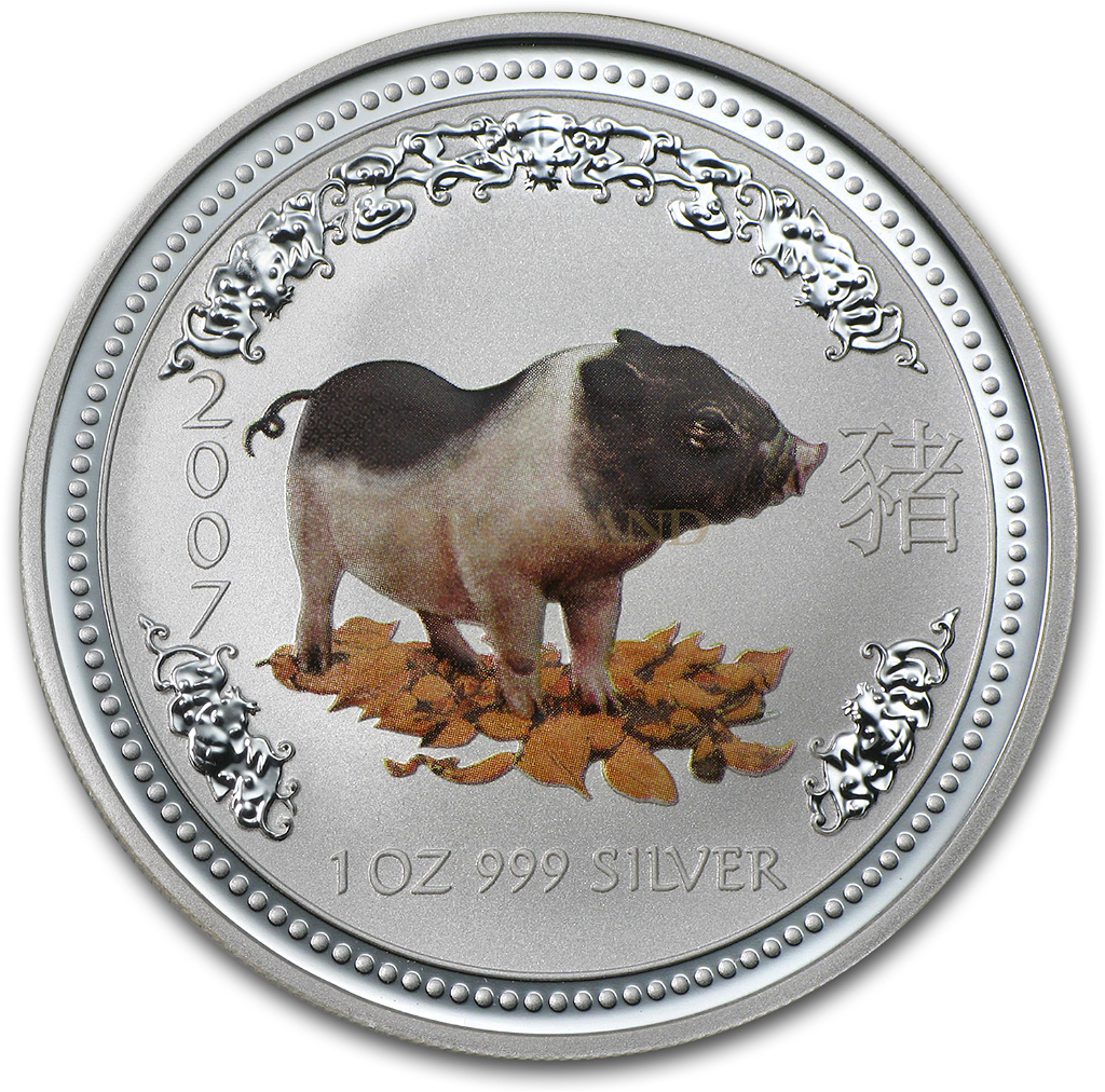 1 Unze Silbermünze Lunar 1 Schwein 2007 (Koloriert)