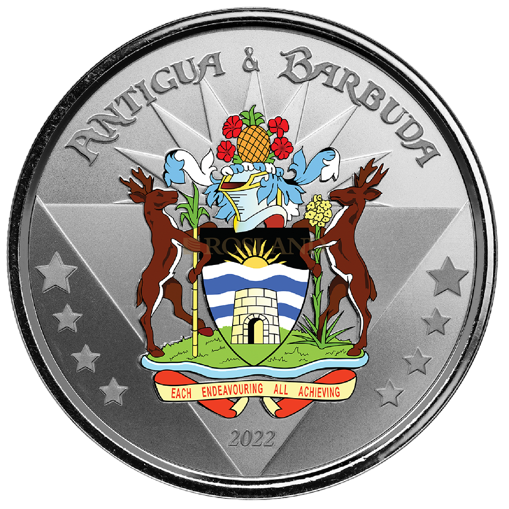 1 Unze Silbermünze EC8 Antigua & Barbuda Coat of Arms 2022 PP (Koloriert, Box)