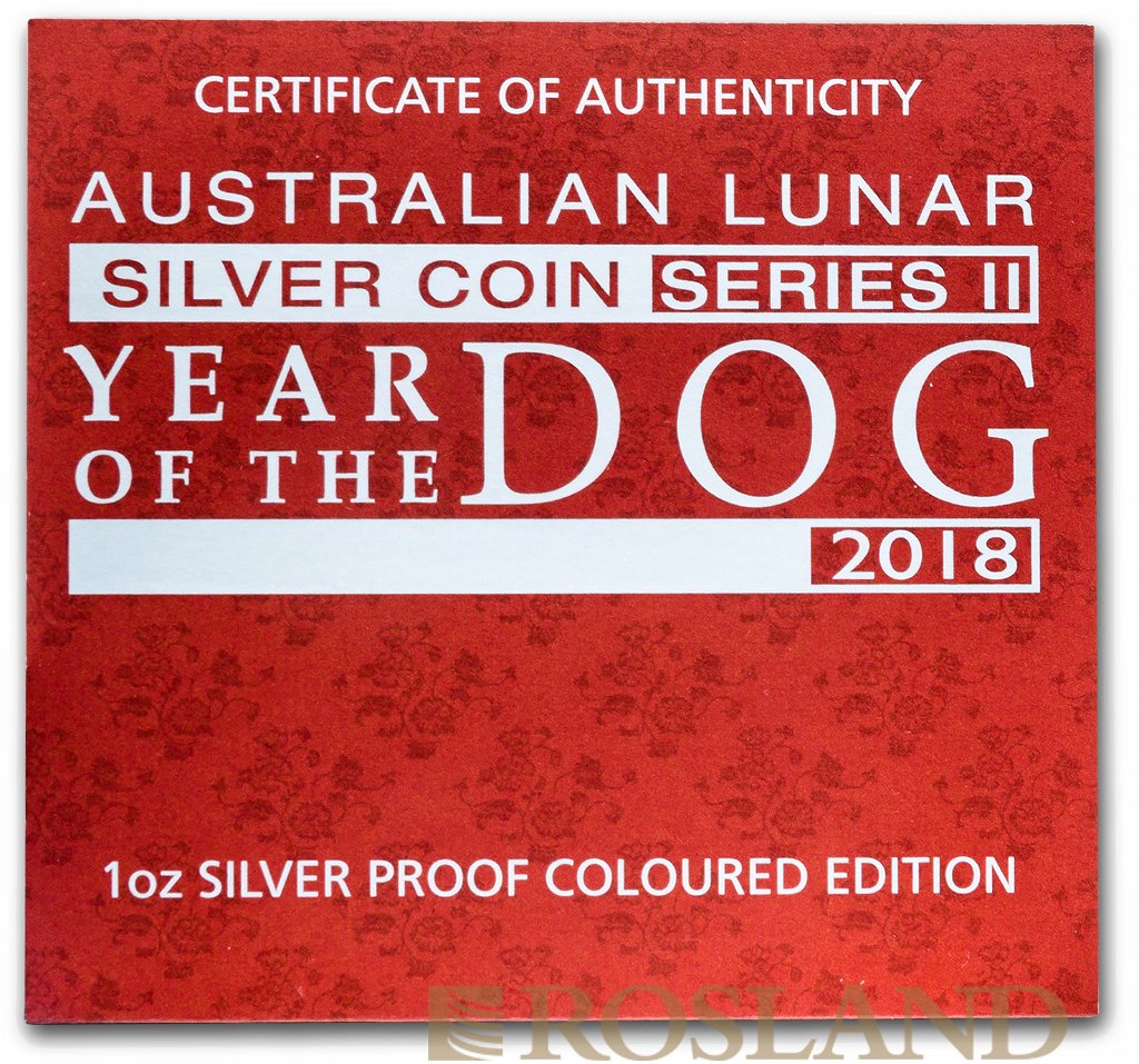 1 Unze Silbermünze Lunar 2 Hund 2018 PP (Koloriert, Zertifikat, Box)