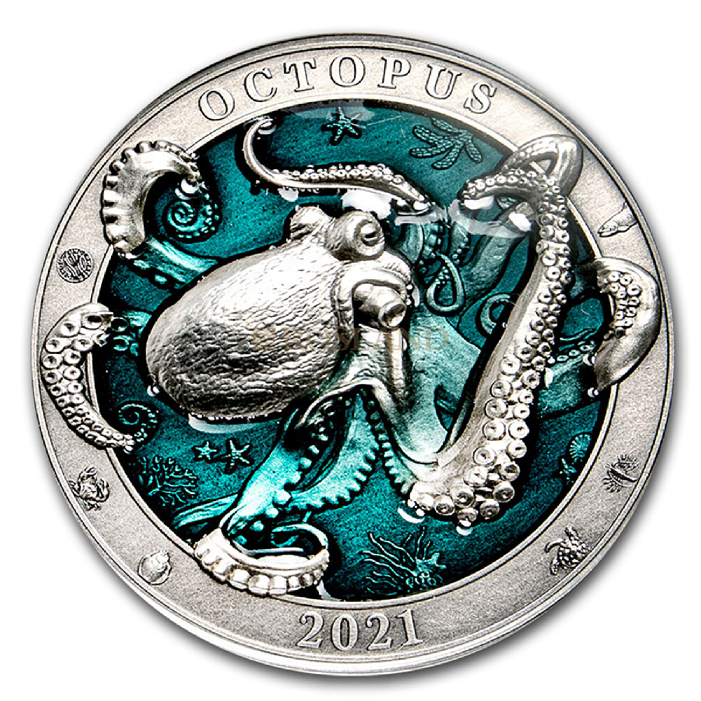 3 Unzen Silbermünze Unterwasserwelt Oktopus 2021 (Antik, Box, Zertifikat)