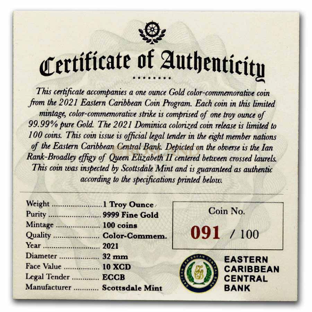 1 Unze Goldmünze EC8 Dominica Gold Sisserou Parrot 2021 PP (Koloriert, Box, Zertifikat)