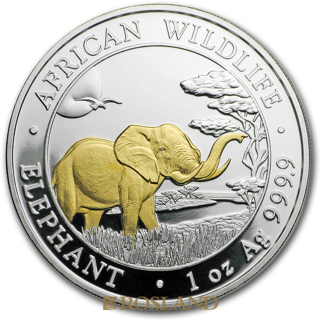 1 Unze Silbermünze Somalia Elefant 2019 (vergoldet)