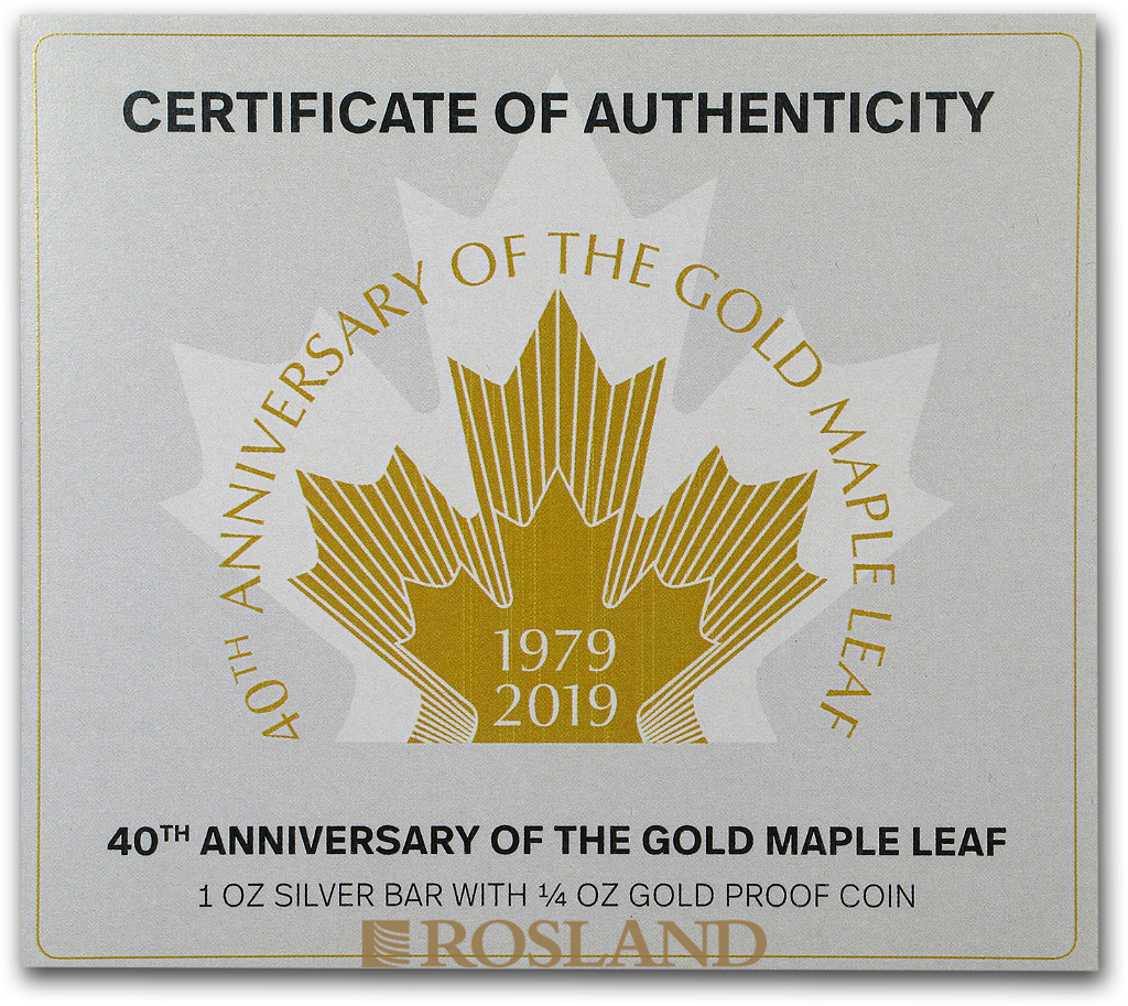 2 Teile Goldmünzen Silberbarren Set 40 Jahre Maple Leaf 2019 PP (Box, Zertifikat)