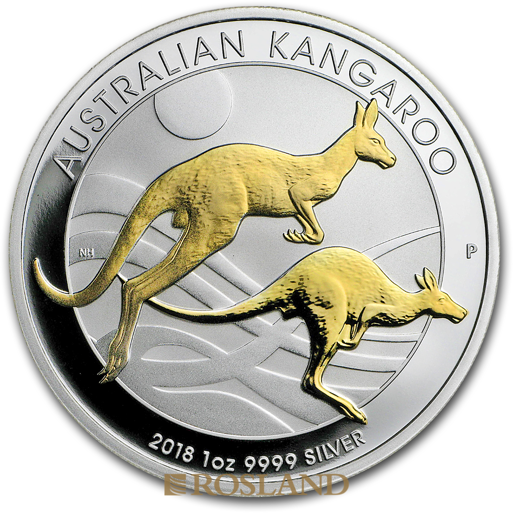 1 Unze Silbermünze Känguru 2018 PP (Vergoldet, Box, Zertifikat)