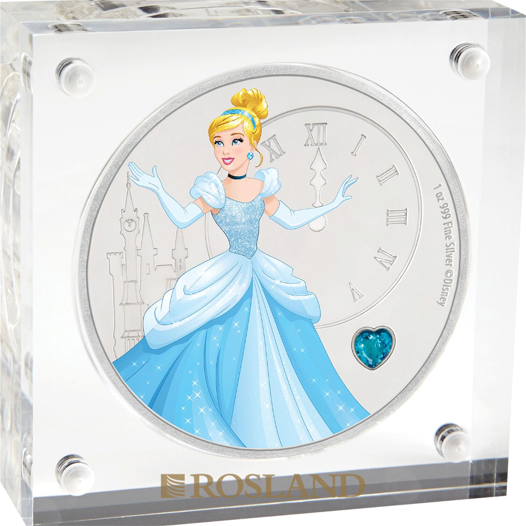 1 Unze Silbermünze Disney© Prinzessin Cinderella 2018 PP (Edelstein, Koloriert, Box, Zertifikat)